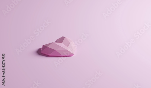 single geometric configuration of pink heart shaped isolated on sweet pastel pink color, side view with copy space. romantic valentine day background, 3d rendering