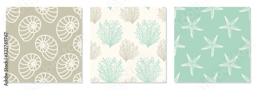 Set of seamless patterns with hand drawn seashells, neutral colors marine theme vector illustration in minimal scandinavian style