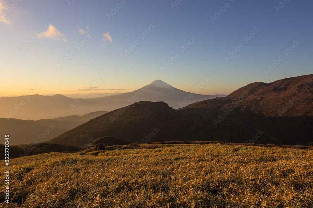 The valley and Mountain Fuji at sunset in December