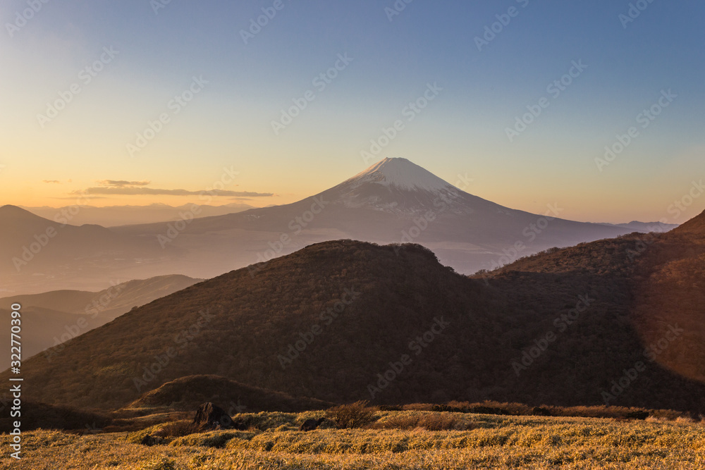 A beautiful view on Mountain Fuji in December at sunset