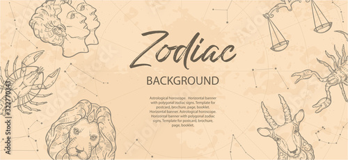 Zodiac background. Astrological horoscope. Vintage map of constellations.