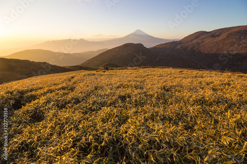 The valley and view on Mountain Fuji at sunset in December