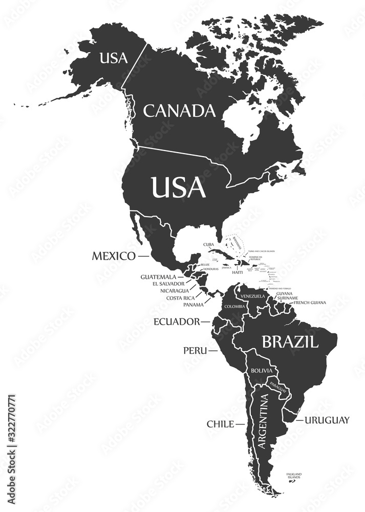 Vecteur Stock America continent map with countries and labels black | Adobe  Stock