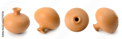Old clay handmade vases from different angles isolated on white