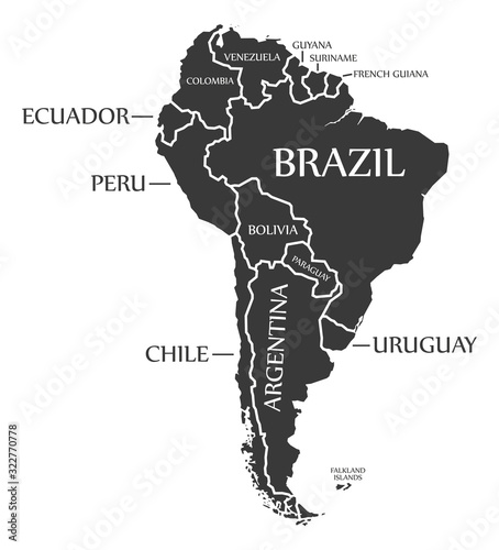 South America continent map with countries and labels black