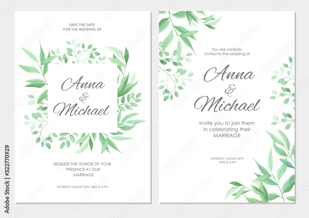 Wedding invitation with green leaves border. Floral invite modern card template set. Vector illustration
