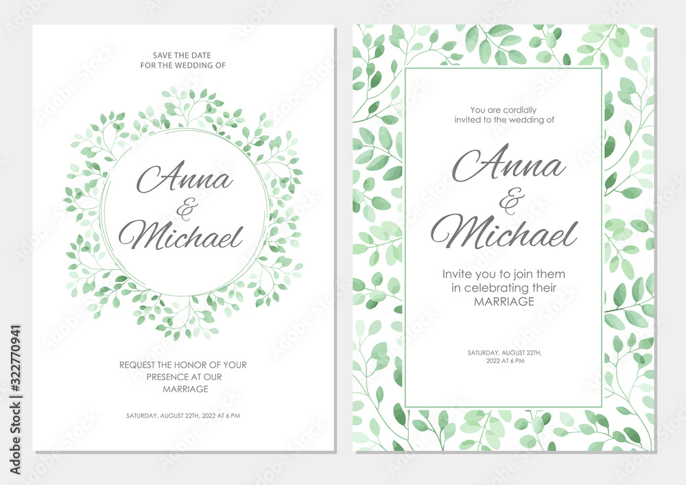 Wedding invitation with green leaves border. Floral invite modern card template set. Vector illustration.