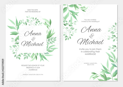 Wedding invitation with green leaves border. Floral invite modern card template set. Vector illustration