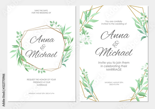 Wedding invitation with green leaves geometric border. Floral invite modern card template set. Vector illustration.