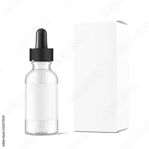 Realistic cardboard packaging box mockup with dropper bottle mockup isolated on white background.Vector illustration.  Сan be used for cosmetic, medical and other needs. EPS10.