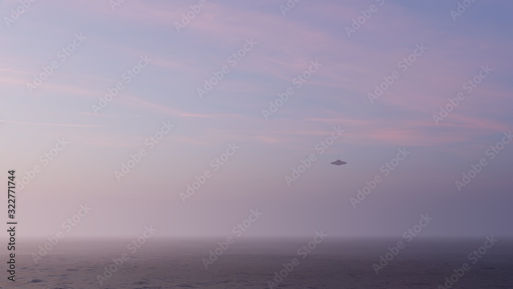 3D illustration. UFO over the sea and waves