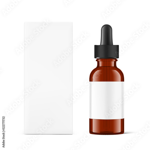Realistic cardboard packaging box mockup with dropper bottle mockup isolated on white background.Vector illustration.  Сan be used for cosmetic, medical and other needs. EPS10.