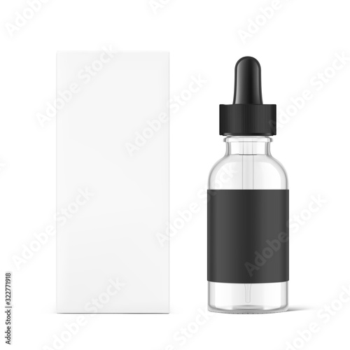 Realistic cardboard packaging box mockup with dropper bottle mockup isolated on white background.Vector illustration.  Сan be used for cosmetic, medical and other needs. EPS10.