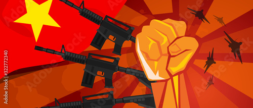 Vietnam war propaganda hand fist strike with arm weapon plane and flag. Vintage red symbol of aggression rebellion and army defense