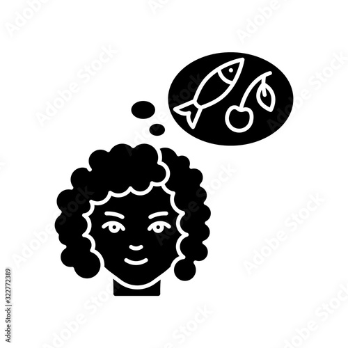Food craving black glyph icon. Woman on healthy diet. Lady with appetite for fish and fruit. Thinking of meal. Early pregnancy symptom. Silhouette symbol on white space. Vector isolated illustration