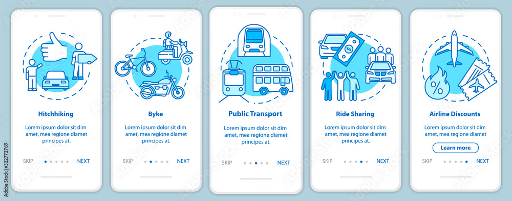 Transport onboarding mobile app page screen with concepts. Cycling. Driveaway car service. Cheap tourism walkthrough five steps graphic instructions. UI vector template with RGB color illustrations