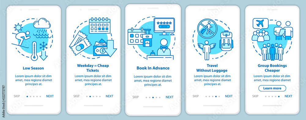 Booking onboarding mobile app page screen with concepts. Economy. Low cost airlines. Cheap tourism walkthrough five steps graphic instructions. UI vector template with RGB color illustrations