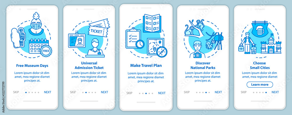 Excursions onboarding mobile app page screen with concepts. Free admissions. Small town. Cheap tourism walkthrough five steps graphic instructions. UI vector template with RGB color illustrations