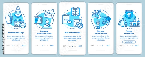 Excursions onboarding mobile app page screen with concepts. Free admissions. Small town. Cheap tourism walkthrough five steps graphic instructions. UI vector template with RGB color illustrations