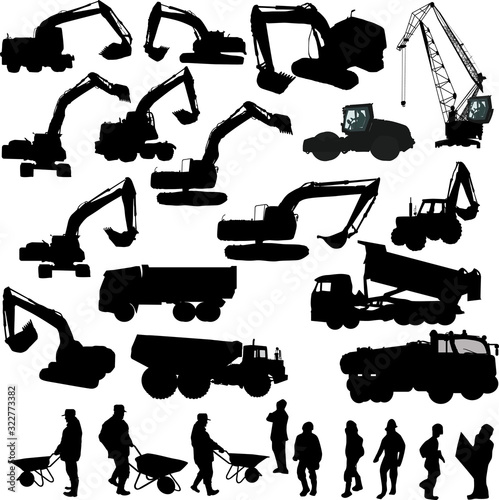 heavy machinery and worker silhouettes isolated on white