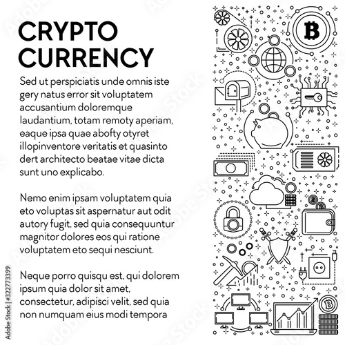 Cryptocurrency poster, bitcoins mining and online business line icons