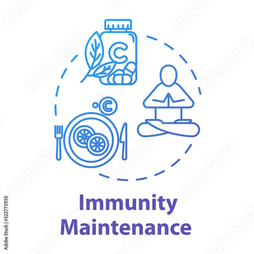 Immunity maintenance concept icon. Health defense. Food with vitamin C. Supplement capsules. Strong health. Influenza prevention idea thin line illustration. Vector isolated outline RGB color drawing