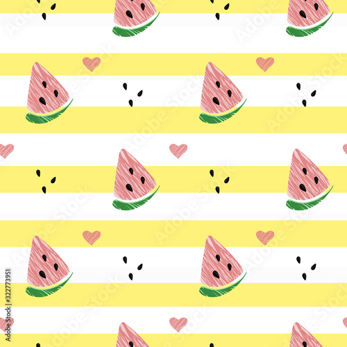 Vector illustration: seamless pattern with cone red watermelon slices on yellow striped background