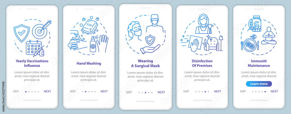 Immunity maintenance onboarding mobile app page screen with concepts. Flu protection. Injection shot. Medicine walkthrough 5 steps graphic instructions. UI vector template with RGB color illustrations