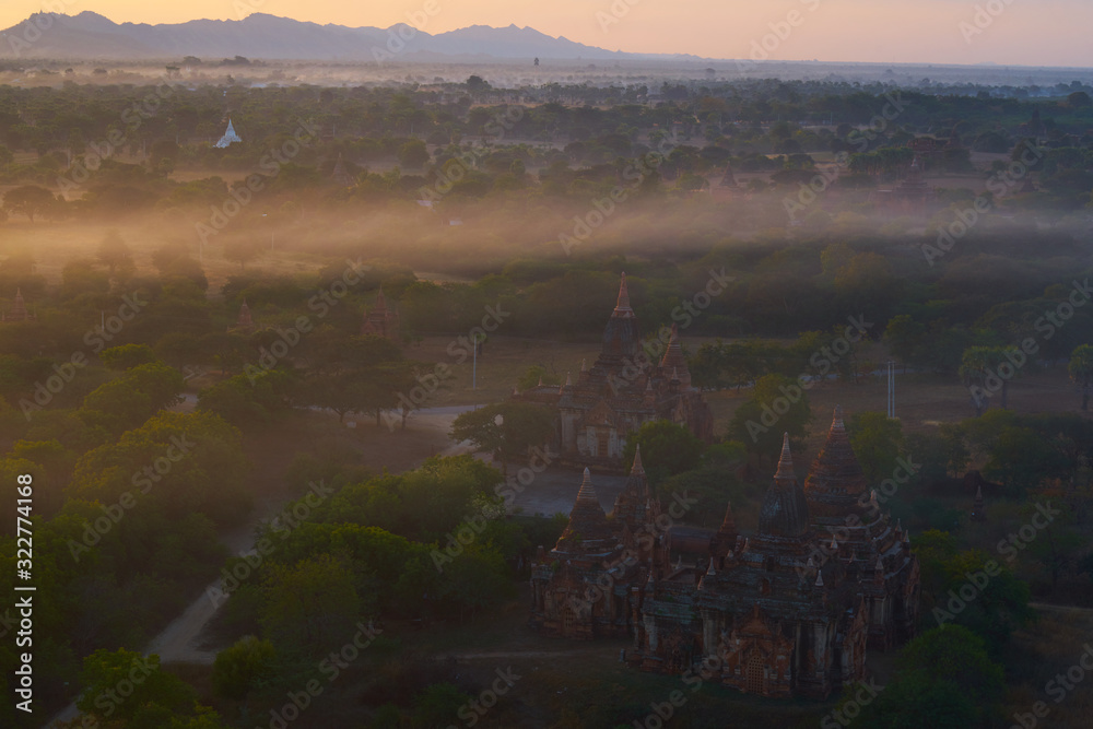 sunrize and Buddhism temples in bagan, myanmar