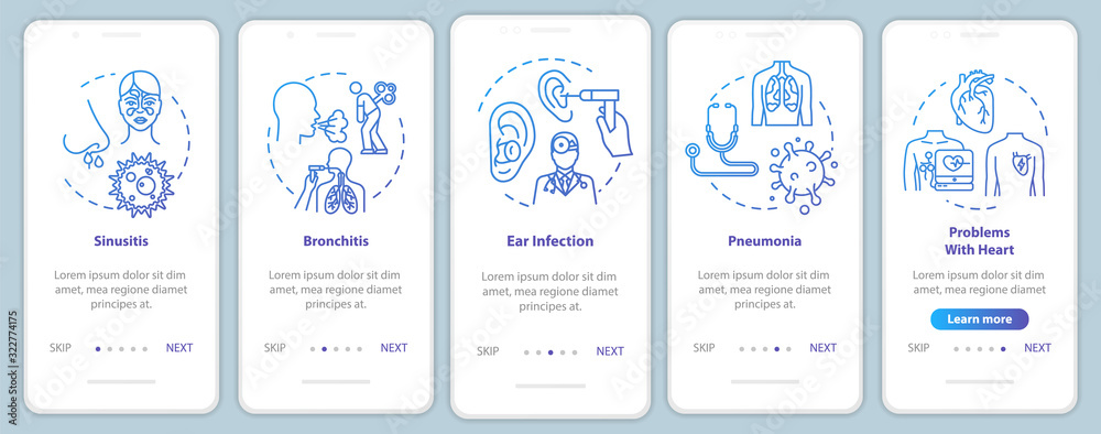 Lung disease onboarding mobile app page screen with concepts. Medical check. Otolaryngology treatment walkthrough 5 steps graphic instructions. UI vector template with RGB color illustrations