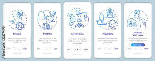 Lung disease onboarding mobile app page screen with concepts. Medical check. Otolaryngology treatment walkthrough 5 steps graphic instructions. UI vector template with RGB color illustrations