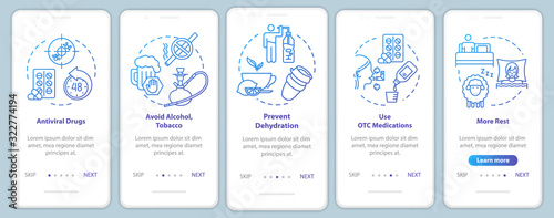 Avoid bad habits onboarding mobile app page screen with concepts. Medication, drugs. Influenza prevention walkthrough 5 steps graphic instructions. UI vector template with RGB color illustrations