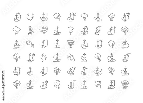 Hookah bar pixel perfect linear icons set. Sheesha house. Nargile lounge. Odor from pipe. Customizable thin line contour symbols. Isolated vector outline illustrations. Editable stroke