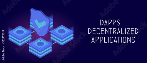 Dapps - Decentralized Application concept. Fintech Open-source software and Smart Contract on ethereum blockchain technology. Header and footer banner template with text.