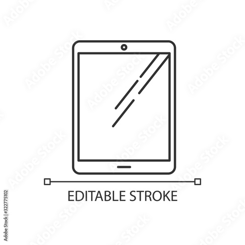 Tablet computer pixel perfect linear icon. Touch screen PC. Electronic gadget. Digital reading. Thin line customizable illustration. Contour symbol. Vector isolated outline drawing. Editable stroke