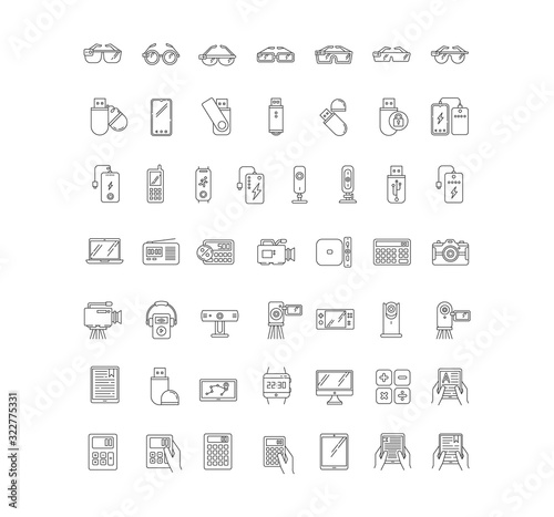 Mobile devices pixel perfect linear icons set. Smartphone, laptop, computer. E-reader, camera, powerbank. Customizable thin line contour symbols. Isolated vector outline illustrations. Editable stroke