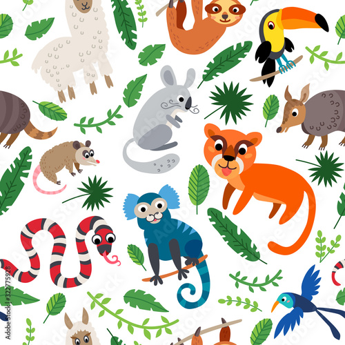 Wild South America animals seamless pattern in flat style