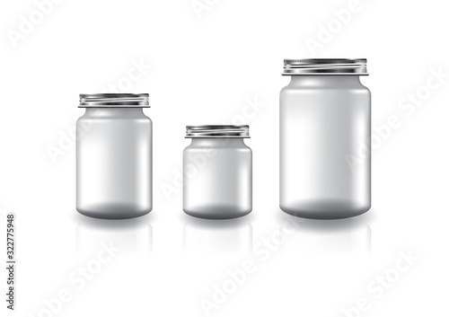 3 sizes of blank clear round jar with silver screw lid for supplements or food product. Isolated on white background with reflection shadow. Ready to use for package design. Vector illustration.
