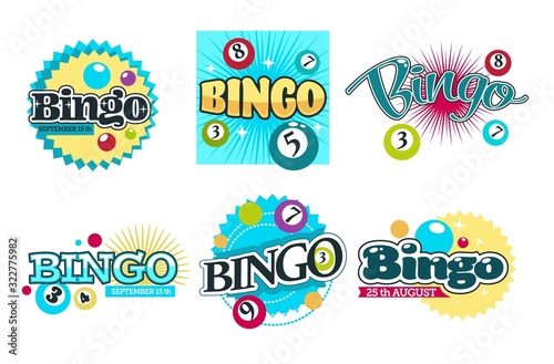 Bingo game logo set of six with colorful nambered balls