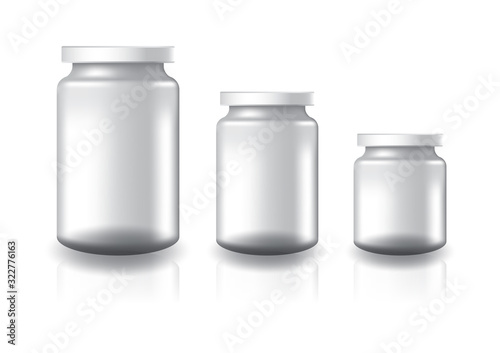 3 sizes of blank clear round jar with white flat lid for supplements or food product. Isolated on white background with reflection shadow. Ready to use for package design. Vector illustration.