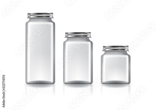 3 sizes of blank clear square jar with silver screw lid for supplements or food product. Isolated on white background with reflection shadow. Ready to use for package design. Vector illustration.