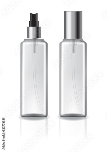 Clear square cosmetic bottle with silver lid and spray head for beauty or healthy product. Isolated on white background with reflection shadow. Ready to use for package design. Vector illustration.