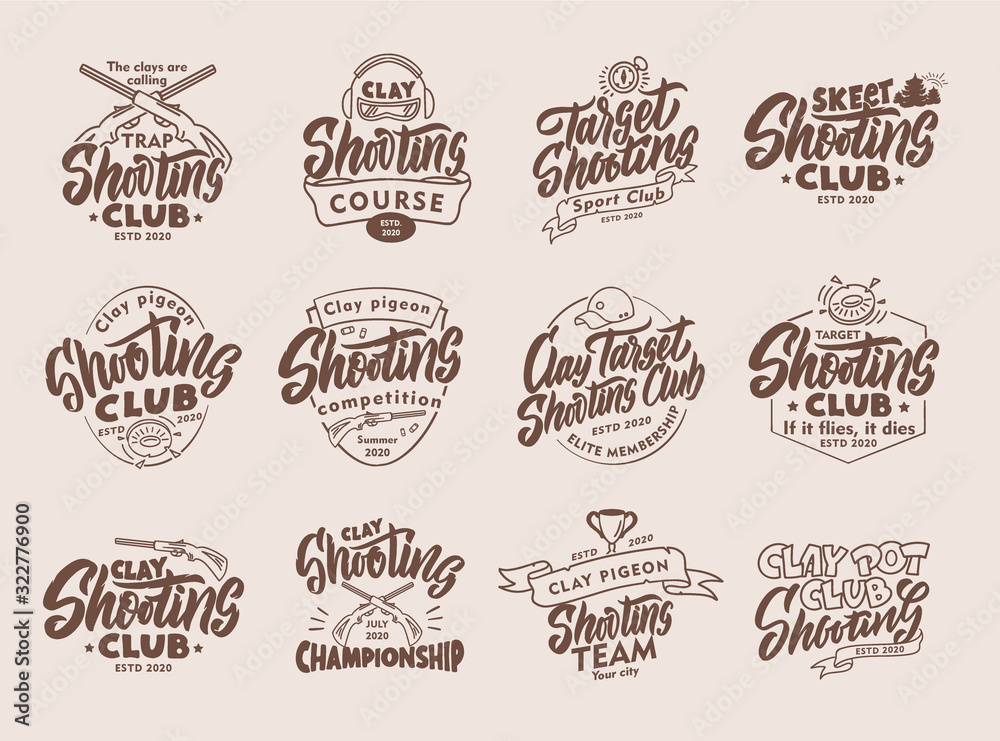 Set of vintage Clay Shooting emblems and stamps. Sports badges, templates and stickers for club