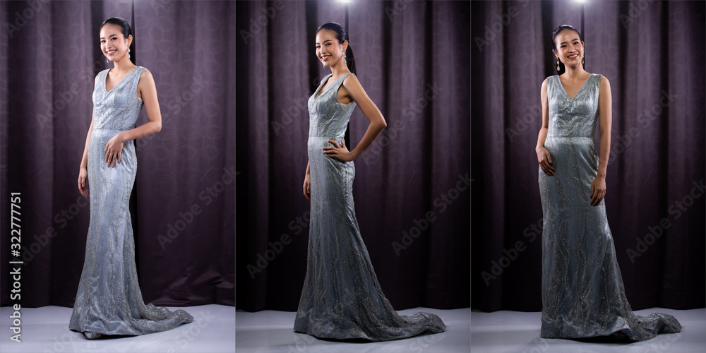 Fototapeta premium Miss Pageant Beauty Contest wears sequin Evening Gown long dress with sparkle Diamond Crown, Asian Woman opens purple Curtain after win Final round as new way life, opportunity, change everything