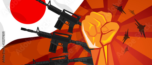 Japan Retro style of war propaganda hand fist strike with arm plane and flag. Vintage red symbol of aggression and rebellion