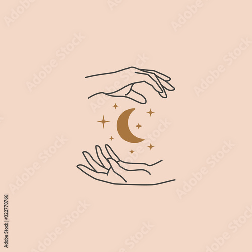 Female hand logo in a minimal linear style. Vector logo design Templates with hand gestures, moon and stars.