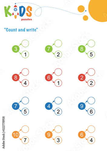 Fill in the missing numbers. Counting worksheet. Easy colorful math puzzles for preschool, elementary and middle school kids.