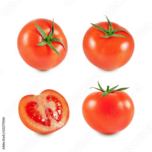 Fresh red tomato collection whole and half isolated on white background