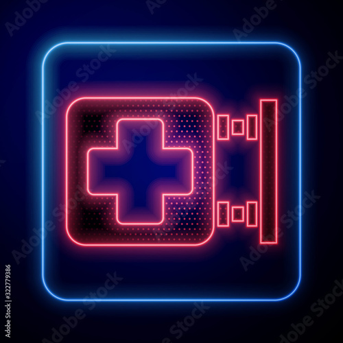 Glowing neon Hospital signboard icon isolated on blue background.  Vector Illustration