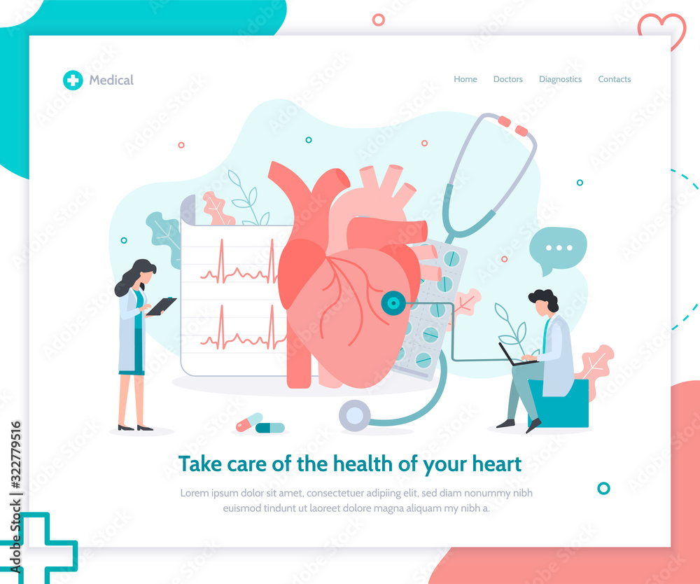 A team of tiny doctors check the health of the heart. Landing page template. Medicine concept. Flat vector illustration.